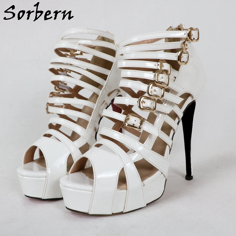 

Sorbern Luxury White Shiny Women Sandals Gladiator Buckle Multi Thin Straps Open Toe Summer Style High Heel Stilettos Custom