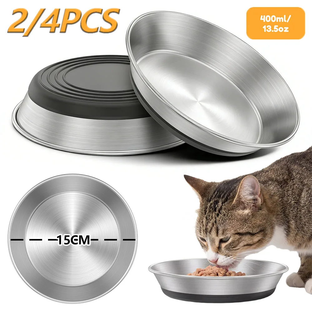 2/4Pcs Stainless Steel Cat Bowl 15cm Wide Mouth Cat Water Bowl Non Slip Cat Food Bowl Whisker Fatigue Feeding Plate Pet Supplies
