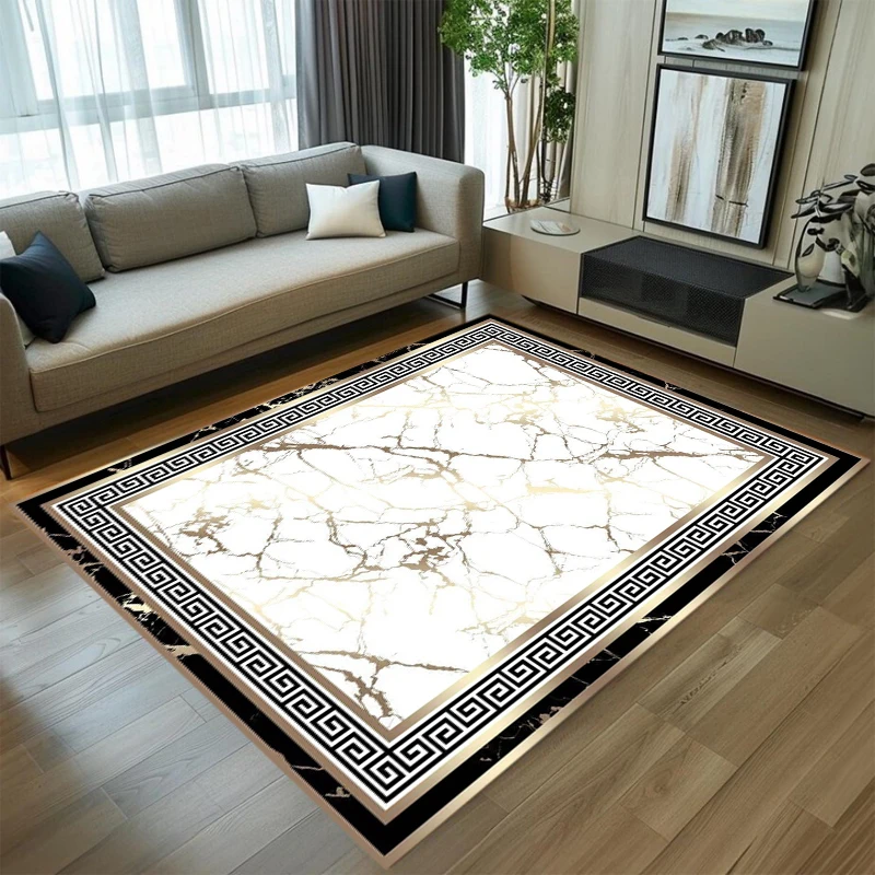 Modern Black Gold Marble Area Rug Non-slip Floor Mat Greek Key Geometric Pattern Carpet Home Decoration for Bedroom Living Room