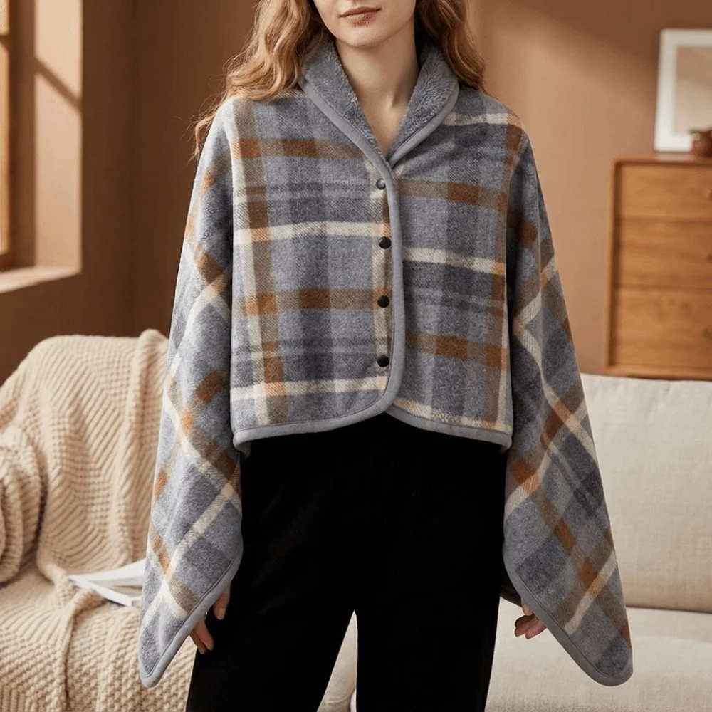 Flannel Material Wearable Blanket Button Closure Soft Texture Shawl Blanket Warm Fabric Plaid Pattern Wrap Blanket Fall Season