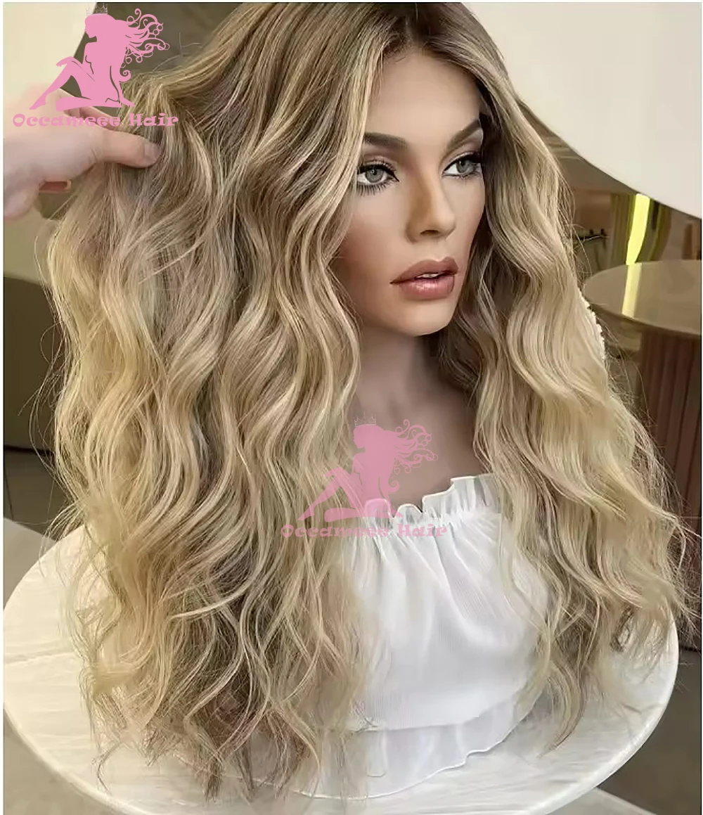 Human Hair Lace Frontal wig Highlights Blonde Full Lace Wig Brown Root 100% Virgin Human Hair Woman  Wigs Natural Hairline