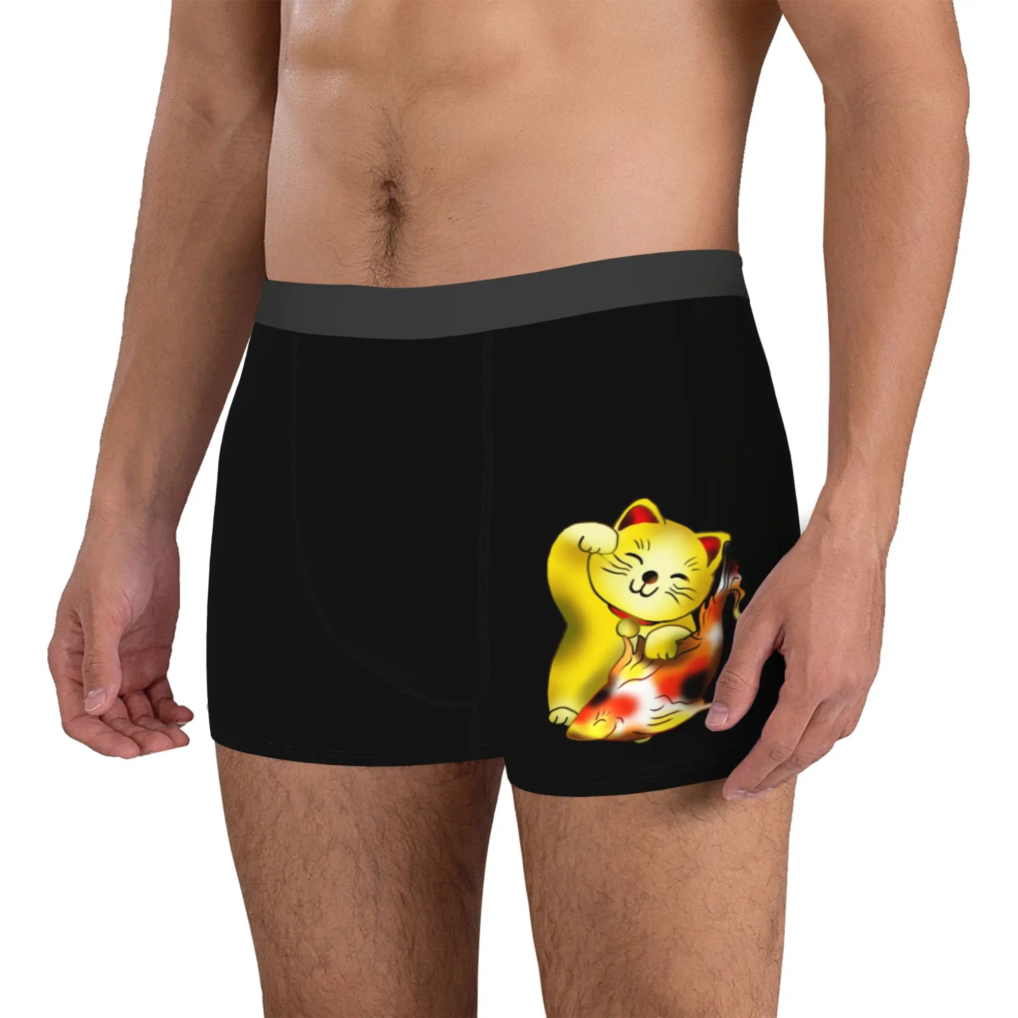 Customized Right Paw Gold Maneki Neko With Fish Shorts For Homme 3D Print Japanese Lucky Cat Underwear Panties Briefs Stretch
