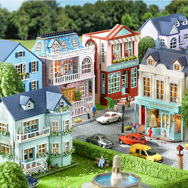 Diy Mini drewniany domek dla lalek z meblami lekki domek dla lalek Casa Model montażowy różowa willa księżniczki zestaw architektury zabawki urodziny