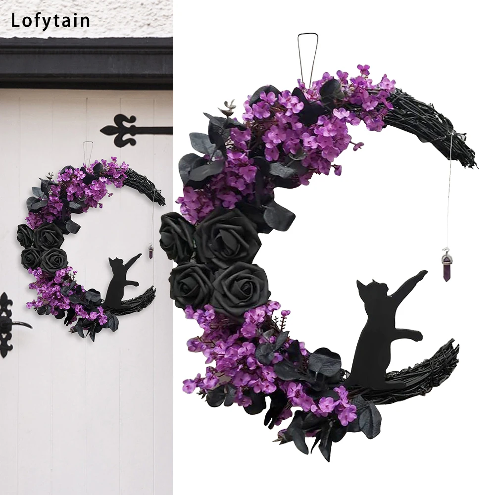 Lofytain Halloween Moon Shaped Door Wreaths Holiday Party Decor Front Door Black Cats Wreath Goth Roses Door  Decorations