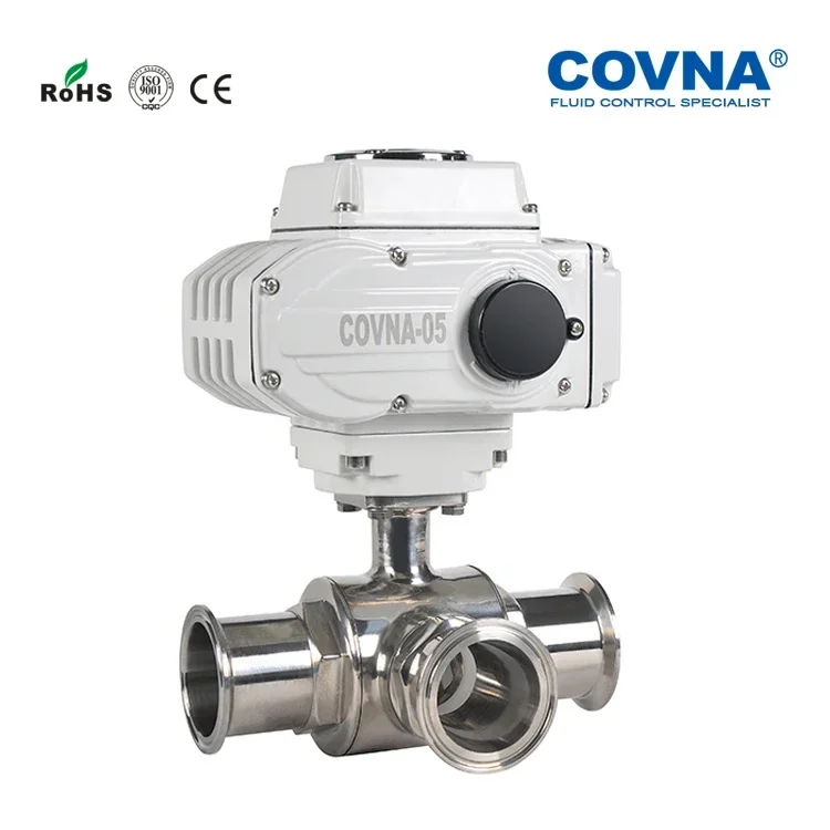 COVNA Motorized Valves Stainless Steel Sanitary 2 inch 110v Tri clamp Electric Actuated 3 Way Ball Valve