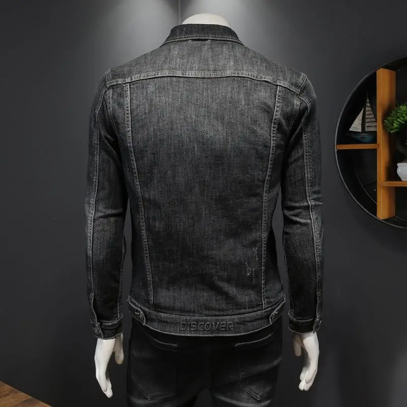 Spring and autumn style black and gray embroidered denim jacket male youth slim Korean stretch denim jacket jacket