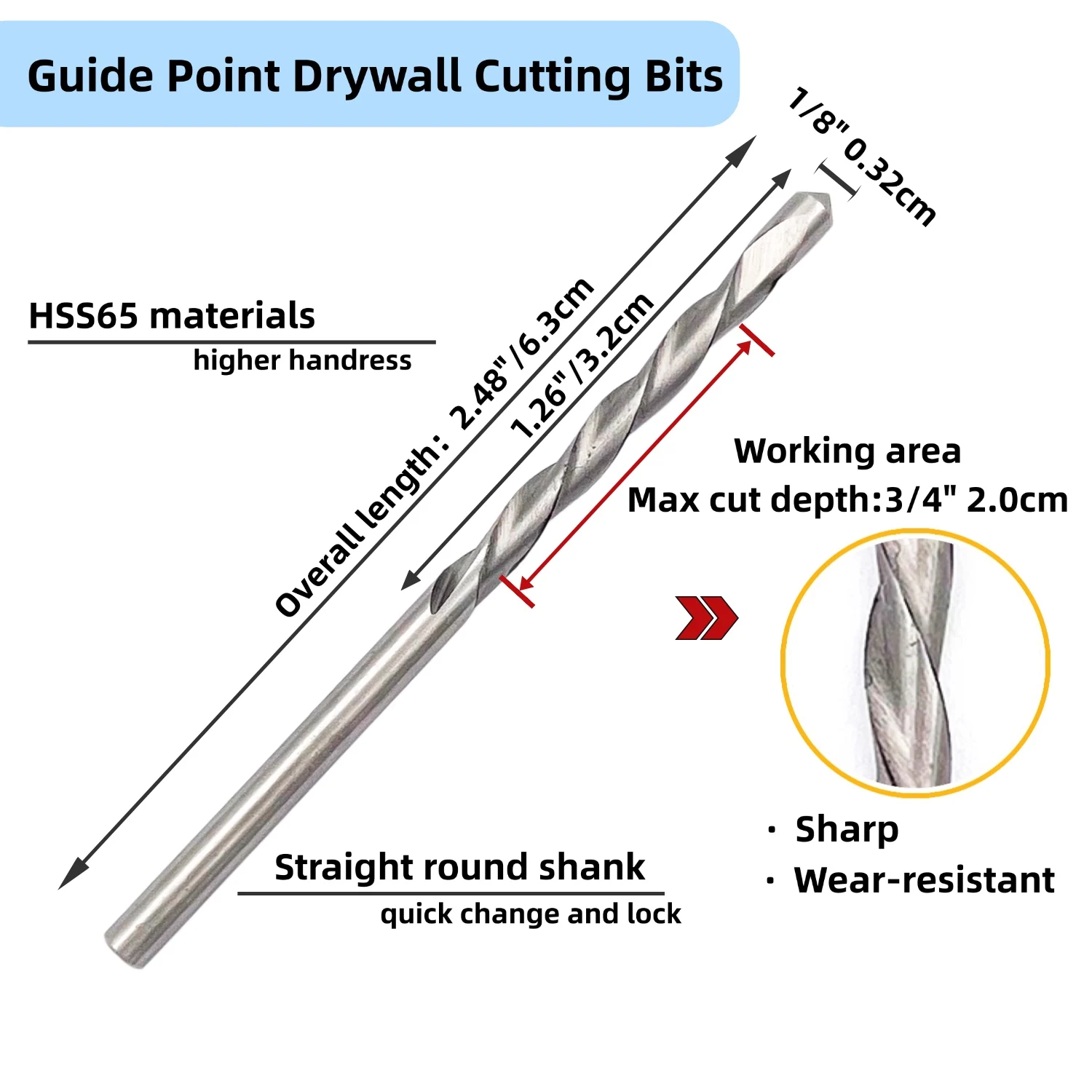 1 set Drywall Cutting Tools 1/8 Inch Guide Point Cutting Bits,HSS65 Drill Bits, Cutting Drywall, Used for with Spiral Saw and Po