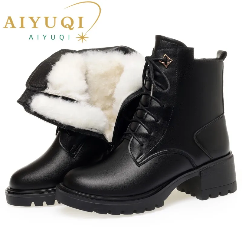 

AIYUQI Women's Winter Boots 2024 New Genuine Leather Women's Snow Booties Large Size Non-Slip Mom Boots Women