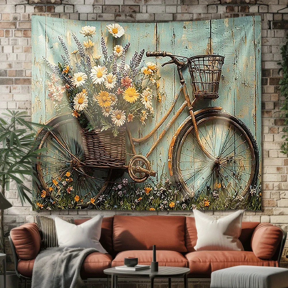 Bicycle decorated with flowers Digital printing polyester wall tapestry suitable for use in living rooms offices bars and party