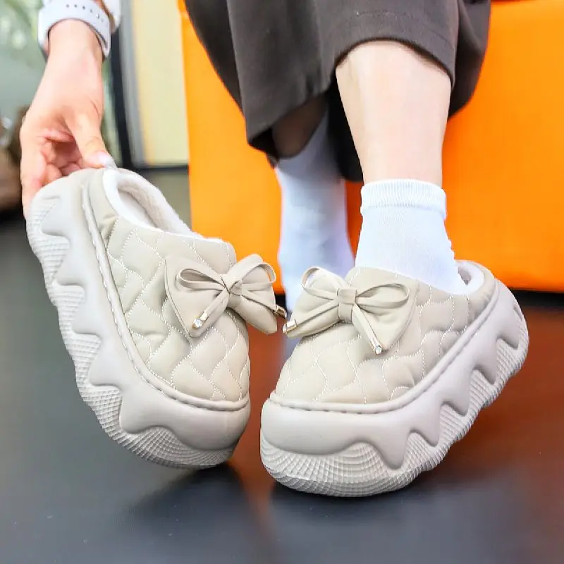 Thick High Heels 6cm Bow Slippers Female PU leather Fur Slides Woman Butterfly-know Plush Clogs 2025 Women's home slippers