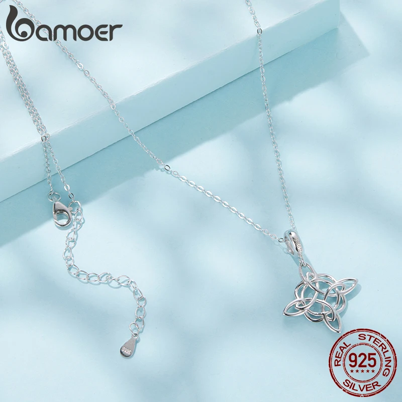 BAMOER 925 فضة سلتيك عقدة قلادة قلادة المتشابكة الحلقات O-سلسلة ربط سلسلة الأصلي للنساء هدية الحب اليومية
