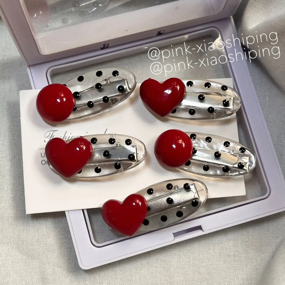 Sweet Girl High Value Red Imitation Pearl Hair Clip Double Pronged Cute Black Polka Dot Oval Duckbill Clip Ins Style Hair Acc...