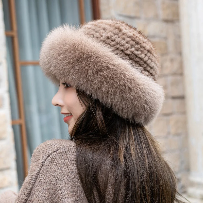 

New Women's Woven Hat Thickened Mink Hair Fisherman Hat Winter Real Fur Princess Top Hat Outdoor Casual Ear Protection Hat