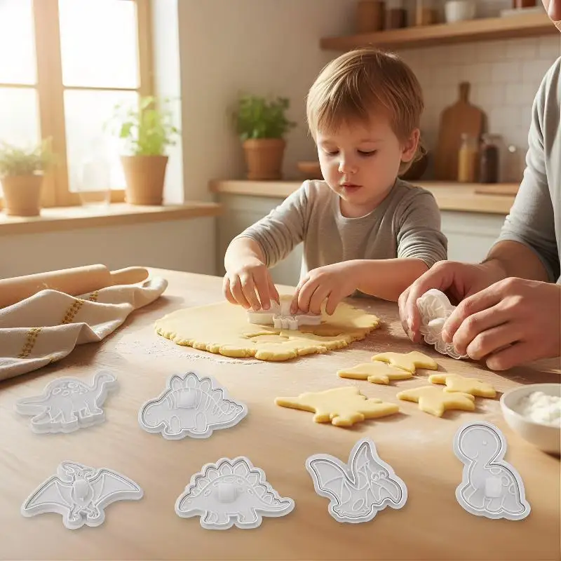 4Pcs Dinosaur Plunger Cookie Cutter Set Cartoon Baking Moulds for Kids Making Festive Cookies Home Kitchen Cake Decorating
