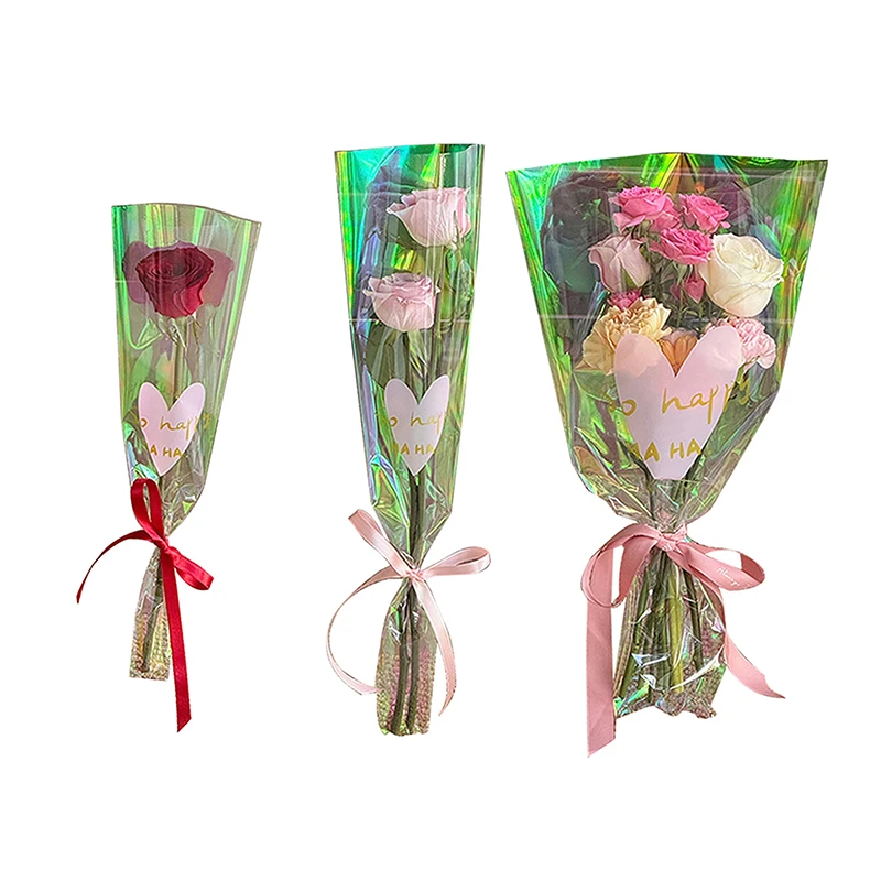 【P】30PCS Love Heart Iridescent Single Rose Sleeves DIY Transparent Flower Wrapping Bag Floral Material Packaging Waterproof view 5