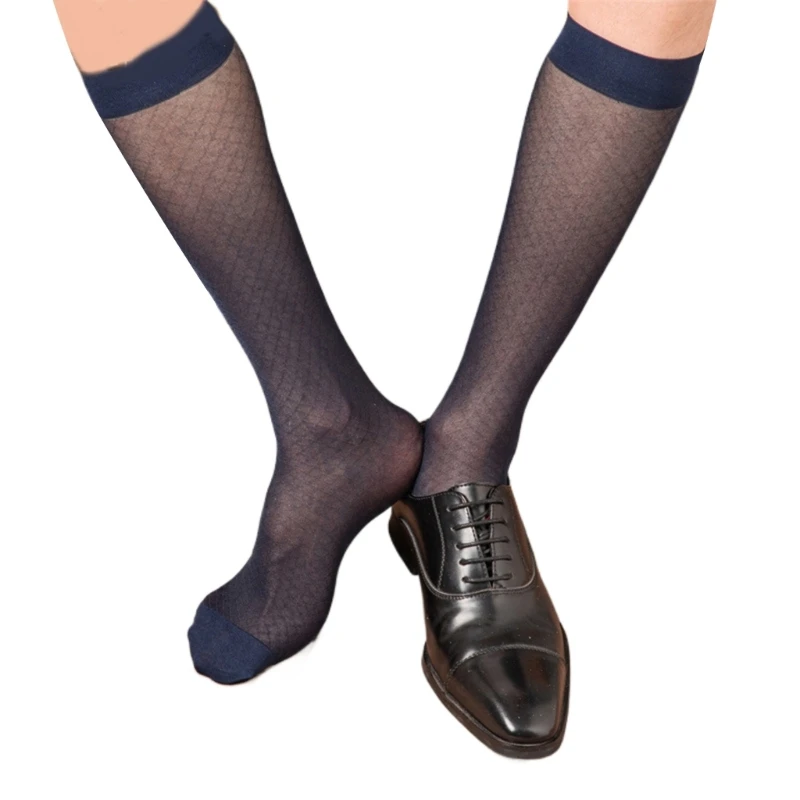 Men Thin Sheer Silk Formal Dress Suit Socks Casual Business Socks Breathable Diamond Pattern Long Tube Over Calf Socks