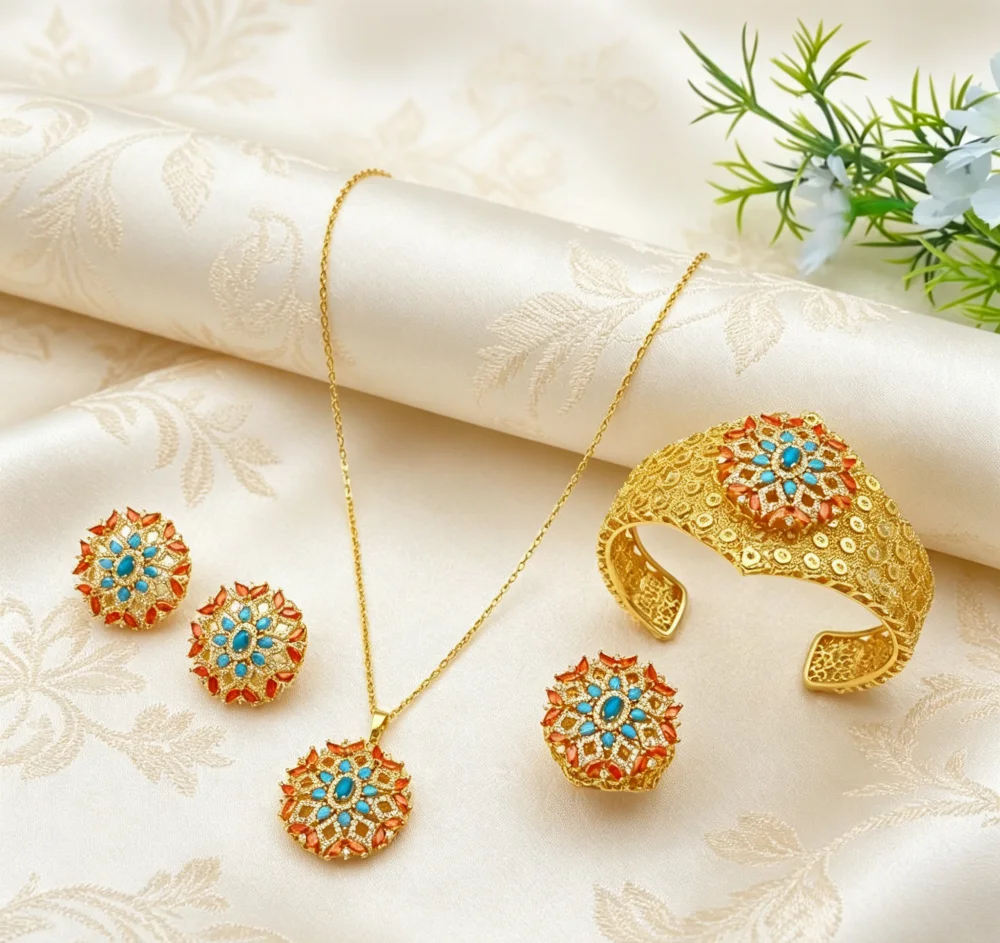 Falair Gold Plated Copper Women Casual Jewelry Set Zirconia Bracelet Ring Necklace Earrings  Daily Accessories