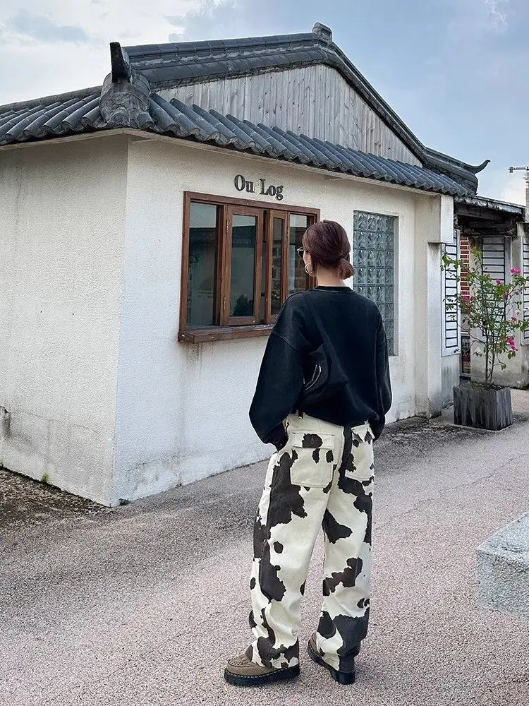 Grande taille Style américain Vintage mode femmes décontracté à la mode ample imprimé jambe large droite ample Denim pantalon femme jean