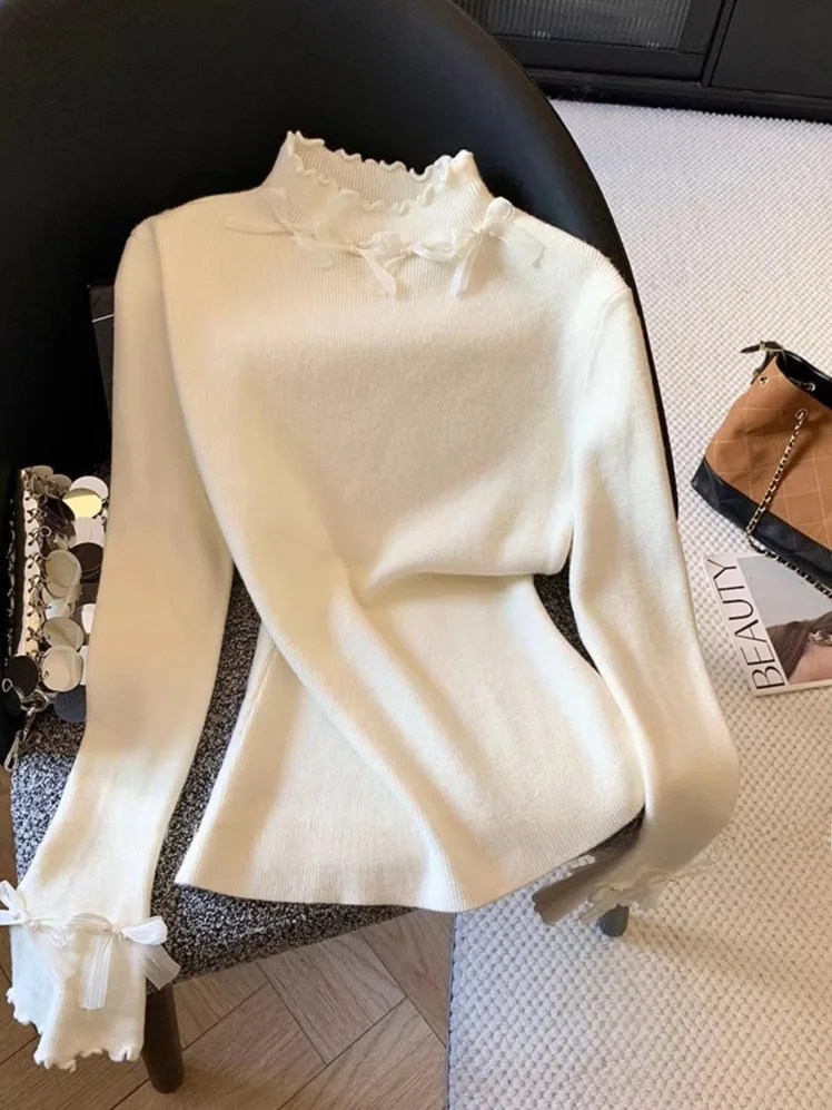 

French Sle Knitted Base irt f High Collar Knot Fur Inner Wear Bell Sve Top Soft Viscose Fabric Casual Wear