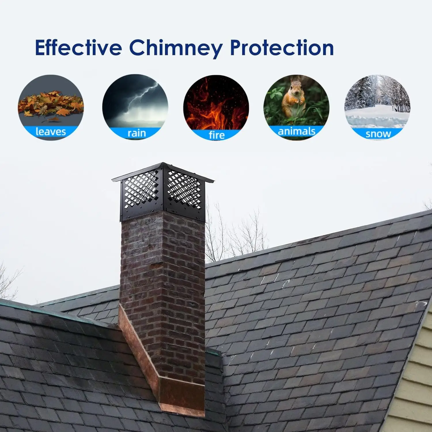 Chimney Cap - 13x13 Inch Square, Galvanized Steel, Adjustable Bottom, Mesh Covers, Clay Flue Compatible