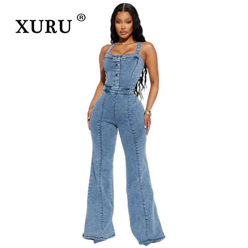 XURU-Casual Cowboy Jumpsuit for Women, Wide Leg Pants, Flare Pants, Sexy Strap, New Fashion, N7-3545