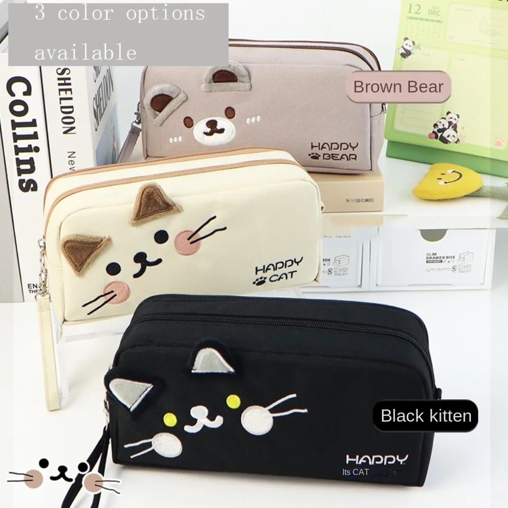 

Storage Bag Cute Cat Pencil Bag Multifunctional High Beauty Cat Pattern Stationery Bag Portable Bear Canvas Pencil Case