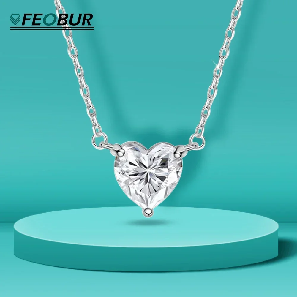 FEOBUR 2 Carat Certified Moissanite Heart Necklace for Women Sterling Silver S925 Sparkling Solitaire Pendant Neck Chain Jewelry