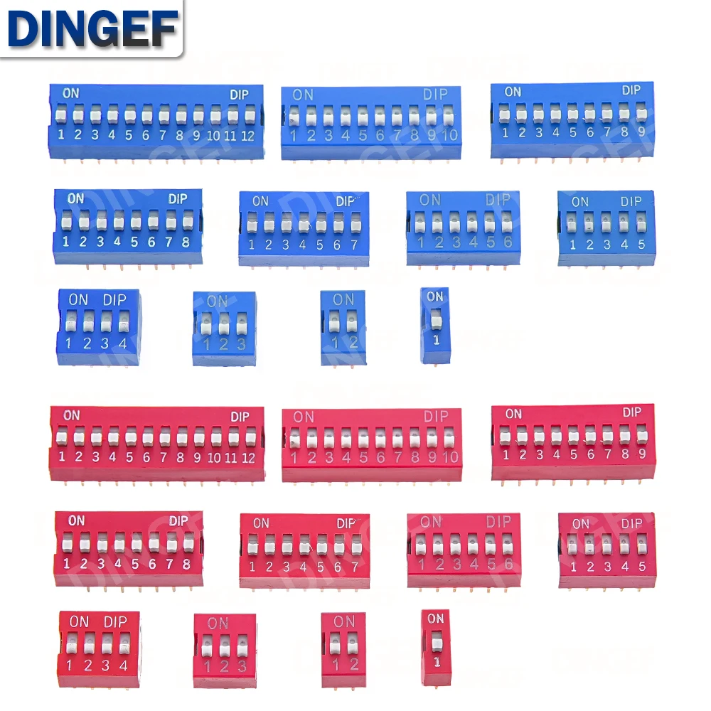 10PCS 2.54mm DIP Switch Red Blue 1 2 3 4 5 6 7 8 9 10 12 PIN PCB Mounted Toggle Code Switch ON OFF Selector for Circuit Board