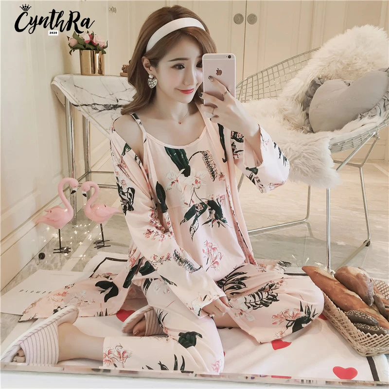 CYNTHRA Pajama Sleepwear Set Ladies Man -made Silk Nightclothes Long Sleeve 3pcs Women Breathable Homewear Top Sexy Nightwear