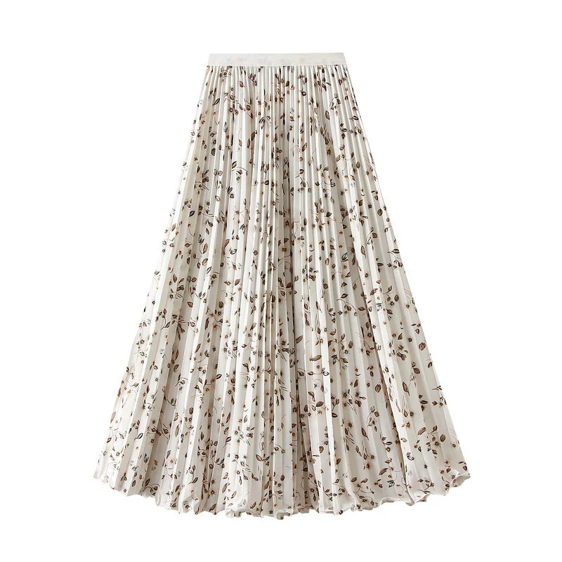 Korean Floral Printed High Waist A-Line Skirt Women Sweet Elastic Waisted Large Hem Long Skirts Woman Boho Pleated Mid Skirts
