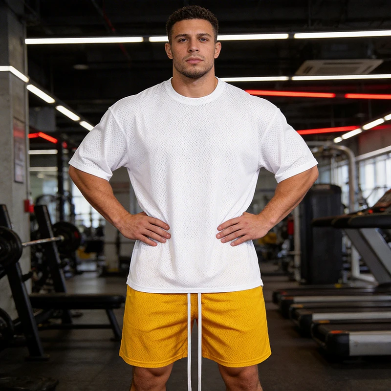 

Мужские быстросохнущие комплекты для бега: дышащие сетчатые футболки с коротким рукавом + баскетбольные шорты, спортивные костюмы для фитнеса и тренажерного зала