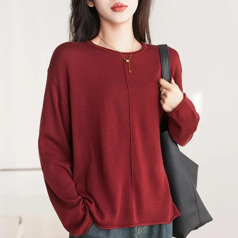 T-shirt à manches longues et col rond pour femme, pull polyvalent en fil de coton pur, nouvelle chemise de Base, haut ample, printemps et automne