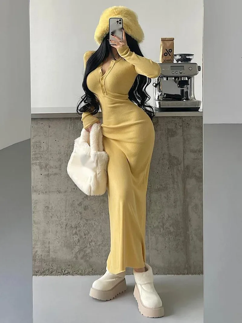 

Pure Desire Style Single Breasted Slim Large Dresses Long Sleeve Base Knitted Dress Dress Elegant Fashion Sweet Women Top TBV7