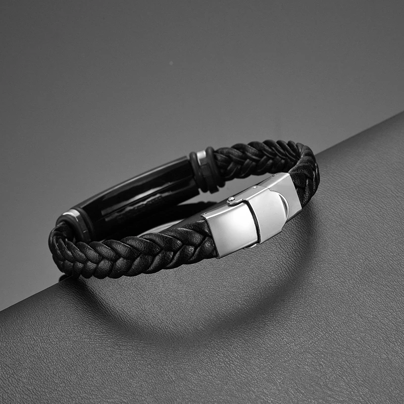 Bluelory Punk Engraved Spotify Code Men Personalized Stainless Steel Bracelet  Leather Braided Rope Bracelets Custom Jewelry