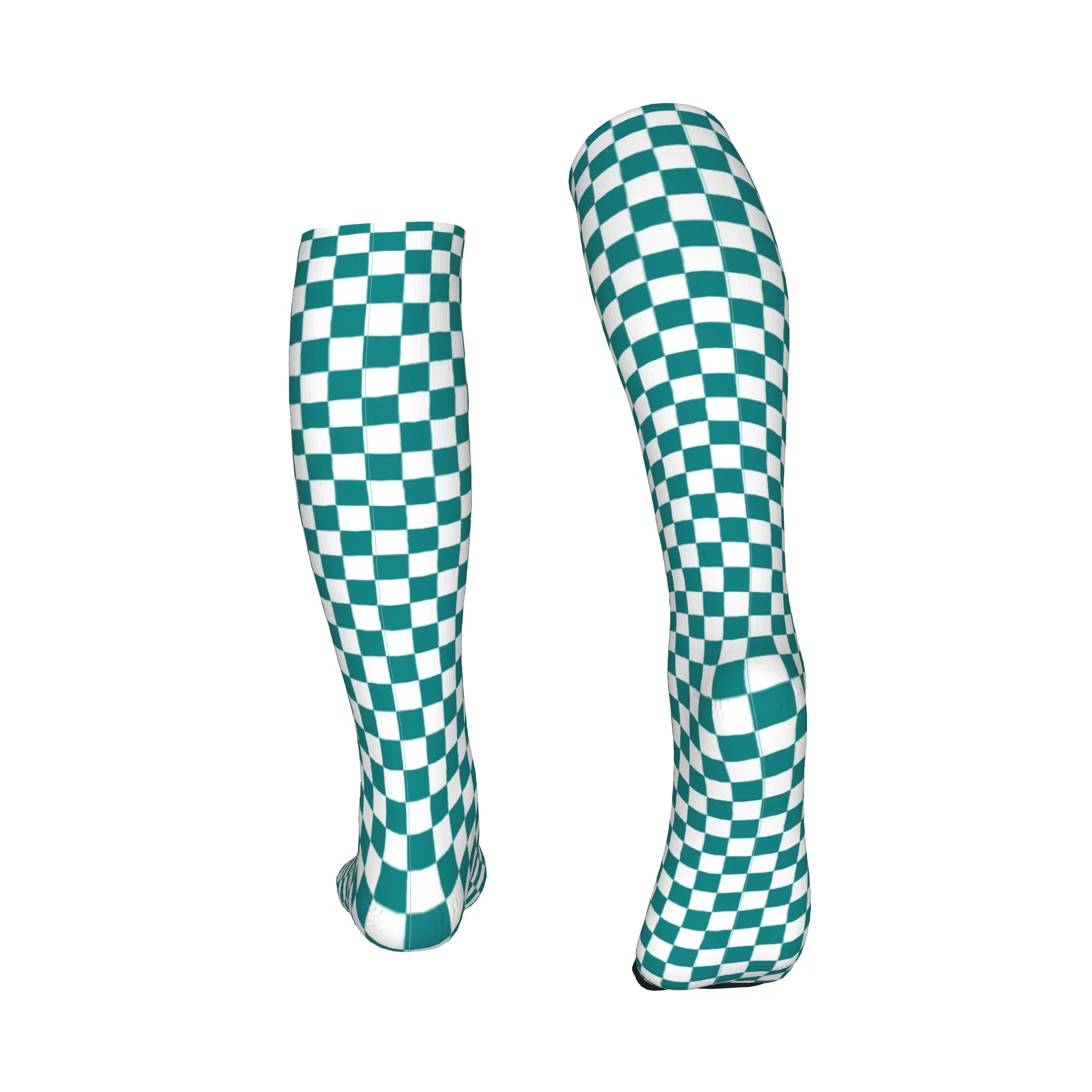 White and Teal Green Checkerboard Plaid Men's Sports Compression Socks Unisex Funny  Spring Summer Autumn Winter Dress Socks view 3
