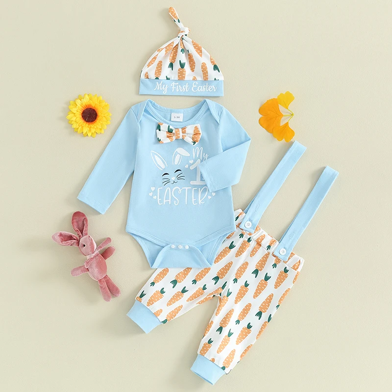 

Newborn Baby Boys Girls Easter Outfit Long Sleeve Crew Neck Bunny Print Romper Tops Elastic Waist Long Pants Bunny Hat