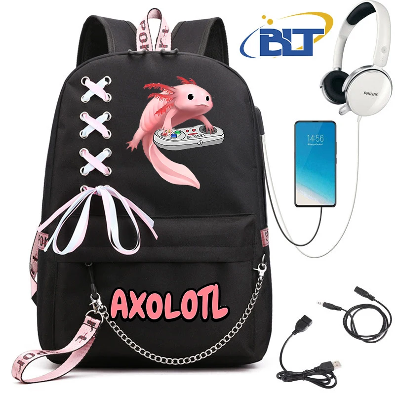 Cute Axolotl printed student schoolbag for girls black backpack usb kids casual bag back to school gift