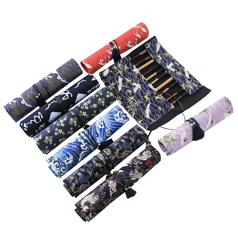 

Canvas Roll Up Pencil Case Boys Japanese Style Fabric Art Supplies Organizer for Gouache Calligraphy Chinese Brush Pens 10-hole