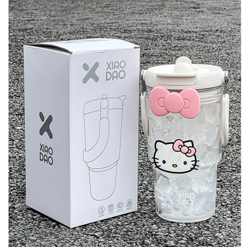 Sanrio-taza de agua de plástico de gran capacidad Hello Kitty, botella de bebida portátil de dibujos animados, vaso de paja para deportes de Fitness al aire libre, 900ML