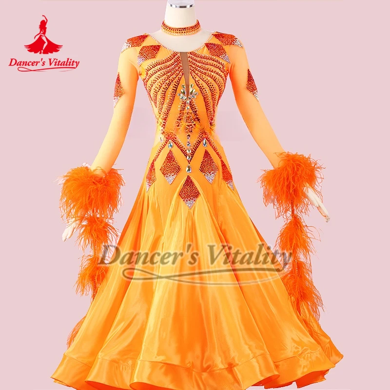 Social Dance Orange Long Sleeves AB Stone Dresses with Necklace Include Underpant and Chest Pad Women Waltz Match Clothes Custom