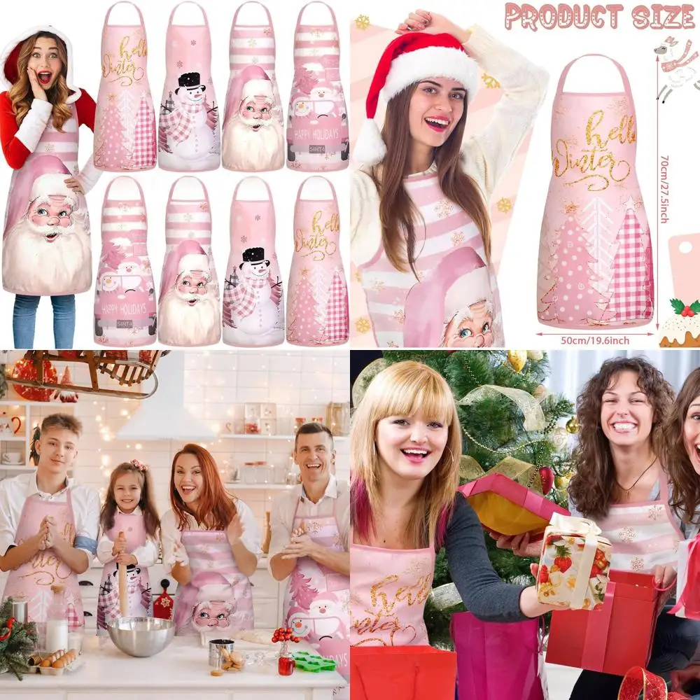 

8 Women's Pink Striped Santa & Snowman Christmas Tree Aprons with Rose Gold Trim for Kitchen & BBQ, Adjustable Straps