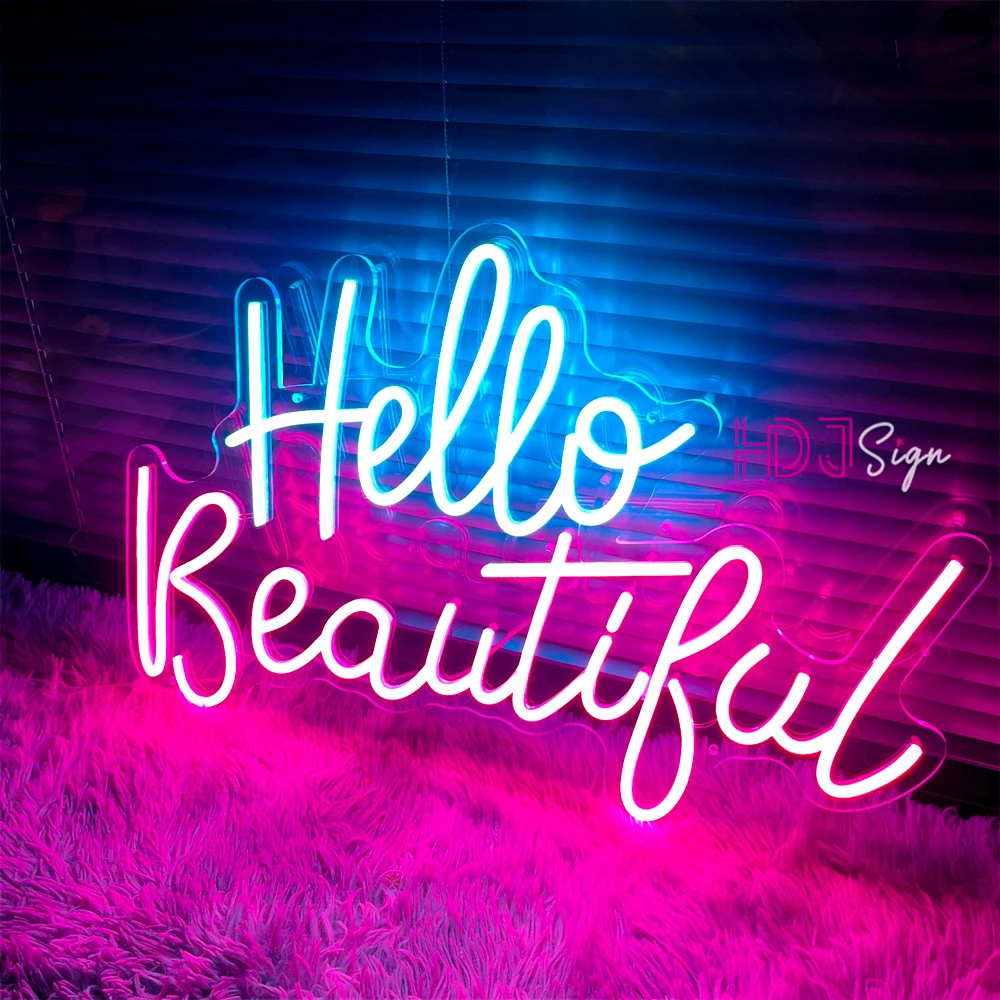 LED Neon Sign Hello Beautiful Neon Light Beauty Gaming Room Decor Wall Good Vibes Neon LED Sign Wedding Birthday Party Bar LED