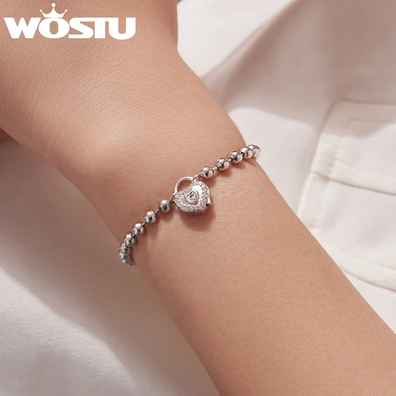 

WOSTU Real 925 Sterling Silver Beaded Bracelet with Heart Lock Pendant & CZ, s925 Valentine Jewelry Love Bangle Gift For Her