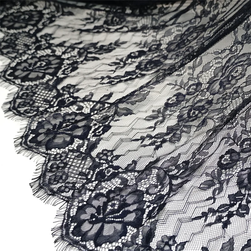 3 Yards Soft French Style Striped Chantilly Lace Fabric Eyelash Black Flowers For Night Robe, Party Dress, Prom, Bridal Robe