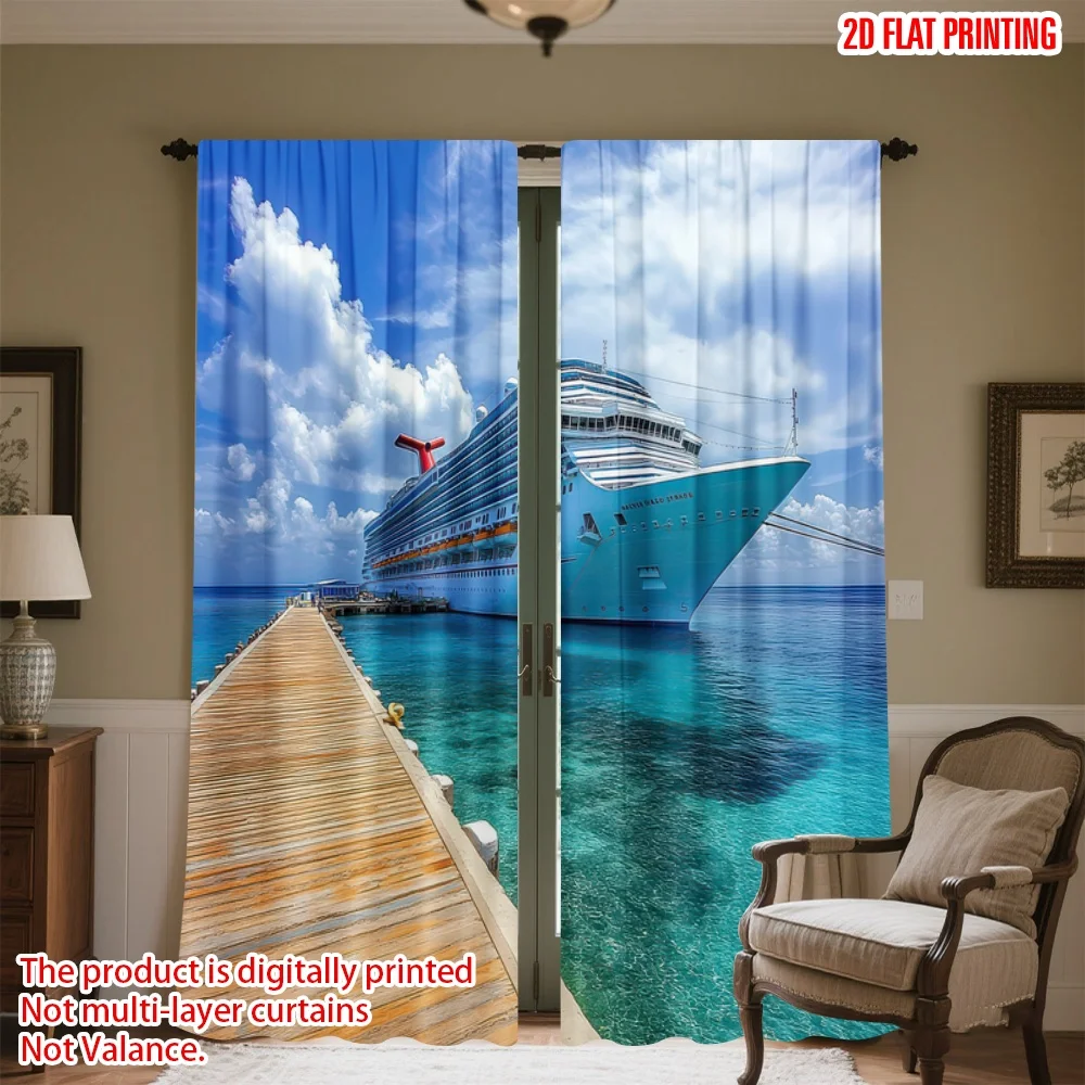 

2D flat printing 2pcs Drapes Cruise Ship at Dock Digital Printed Polyester Drapes Festive Holiday Use for Yard & Garden Perfect