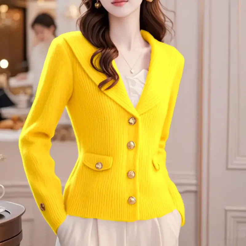 

Luxury High-end Knitted Cardigan Lapel Design Women Clothing Trend Autumn Korean Slim Short Sweater Tops Long Sleeve Coat Button