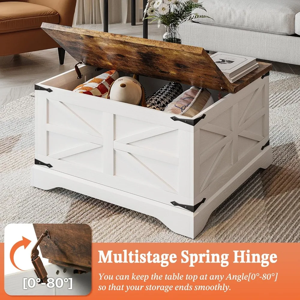 Farmhouse Coffee Table, Coffee Table with Hidden Storage Space, Wood Center Table with Two Hinged Lift Top, Square Rustic Table