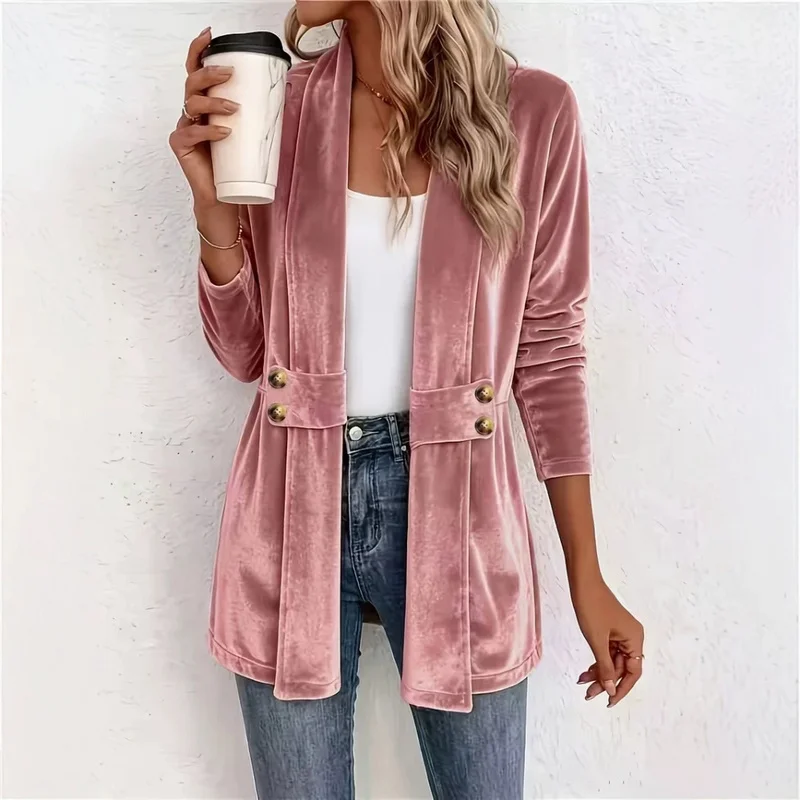 QICHE Women 2026 New Double‑Breasted Decor Velvet Cardigan Lazy Style Versatile Mid‑Length Top Casual Outfit