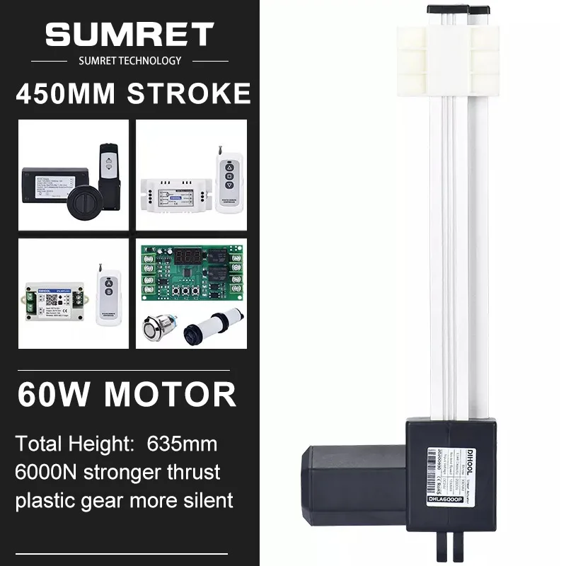 

450mm Stroke Linear Actuator Heavy Duty Electric Lift Motor DC 12V 24V With RF WIFI Controller Kit 6000N Reciprocating Motion