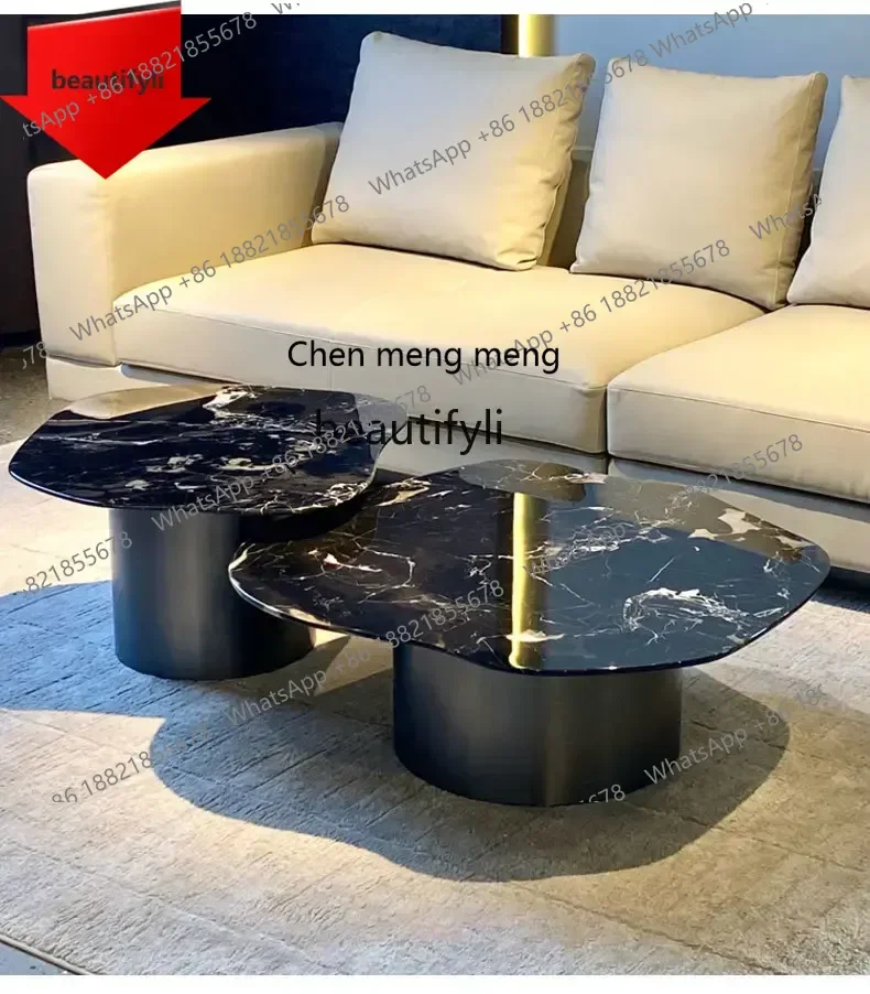 

E153 Light Luxury Natural Black Rose Marble Tea Table Shaped Minimalist Suspension Luxury Stone round Coffee Table